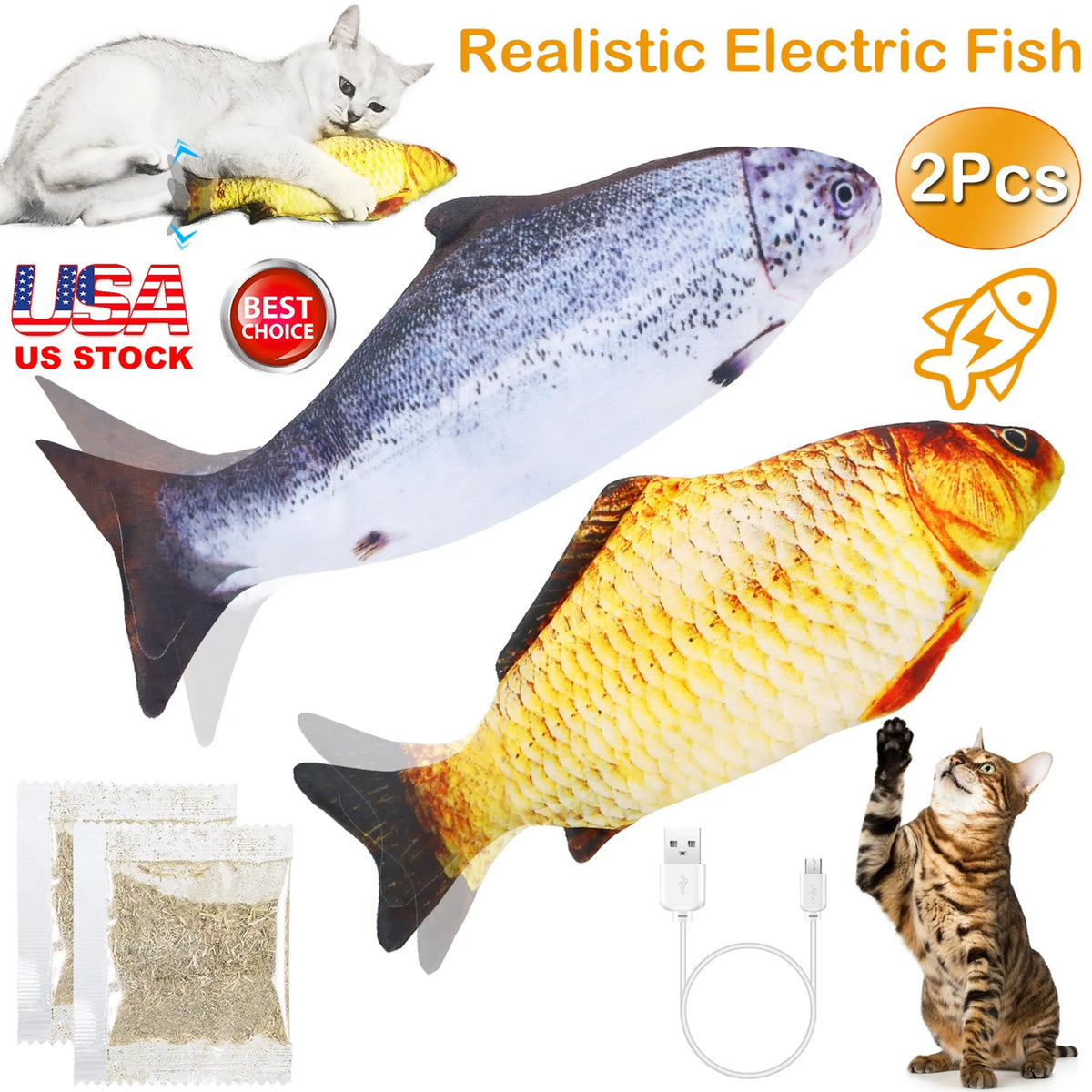 2Pcs Electric Moving Fish Cat Toy