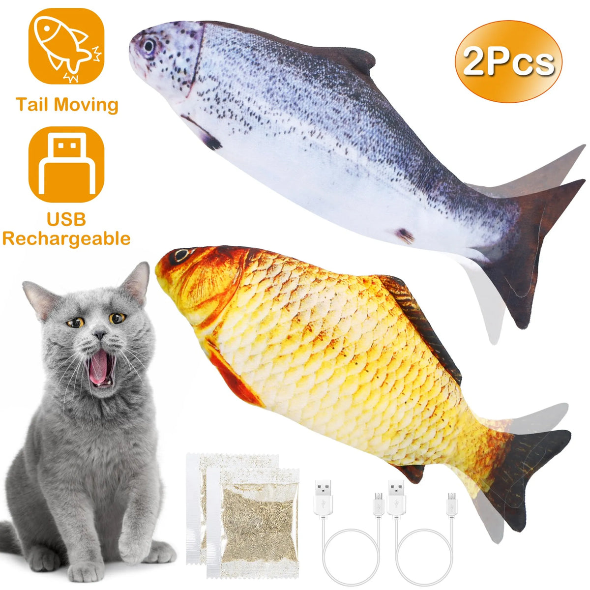2Pcs Electric Moving Fish Cat Toy