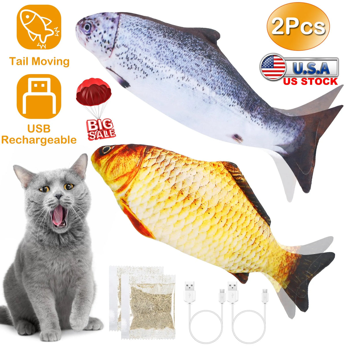 2Pcs Electric Moving Fish Cat Toy